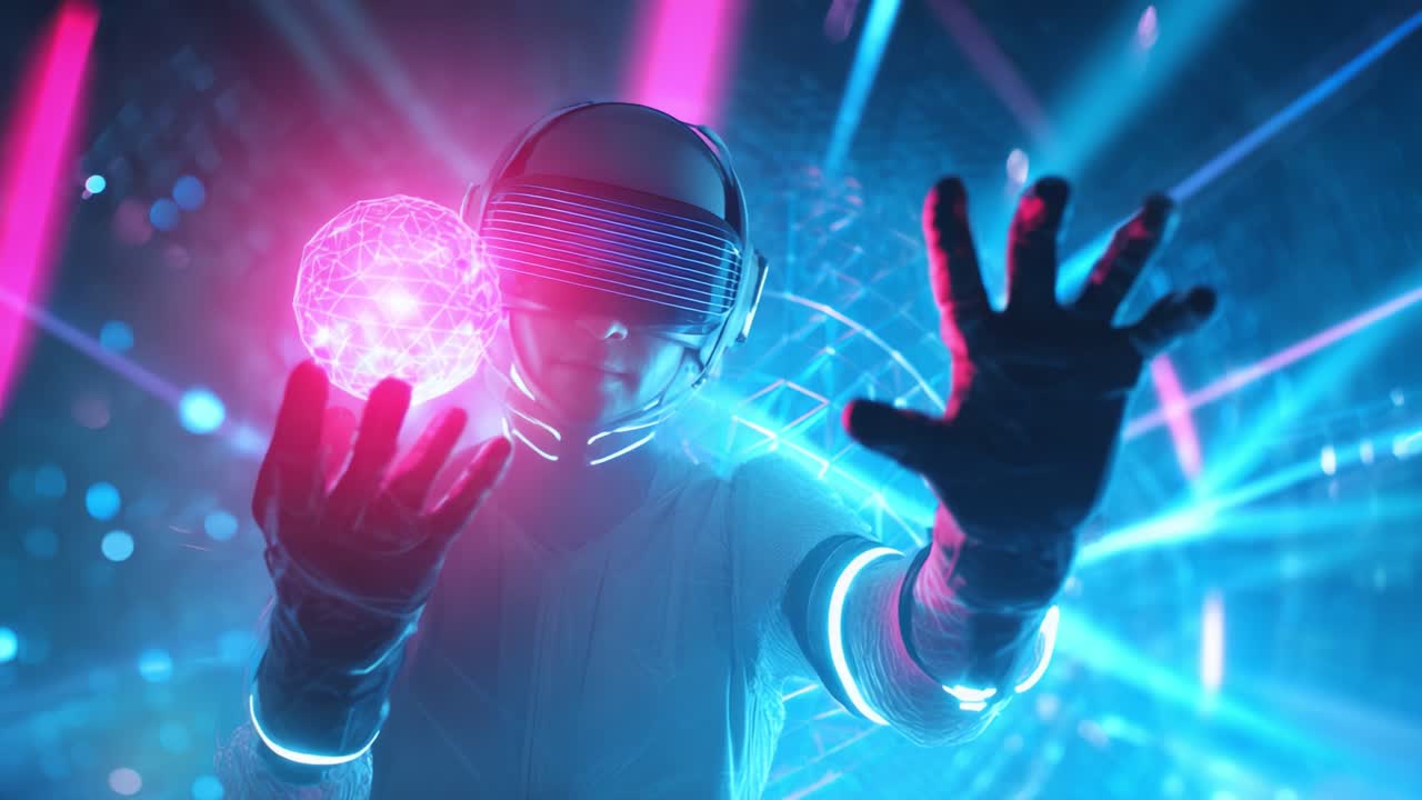 A futuristic figure in a high-tech environment showcases a glowing orb while wearing immersive technology, enveloped in radiant beams of light and vibrant colors, capturing the essence of digital innovation