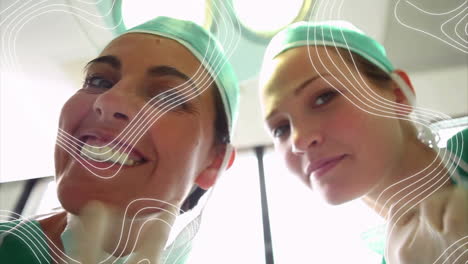 animación de líneas en movimiento sobre cirujanos con máscaras faciales