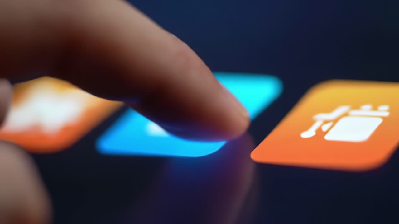 A Close-Up View of a Finger Touching Colorful Application Icons on a Digital Screen, Illustrating Modern Interaction with Technology in Daily Life