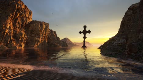 A-huge-gothic-cross-on-the-sea-surrounded-by-large-cliffs,-a-sand-beach,-grass-trees,-and-a-sunset-3D-animation-low-view