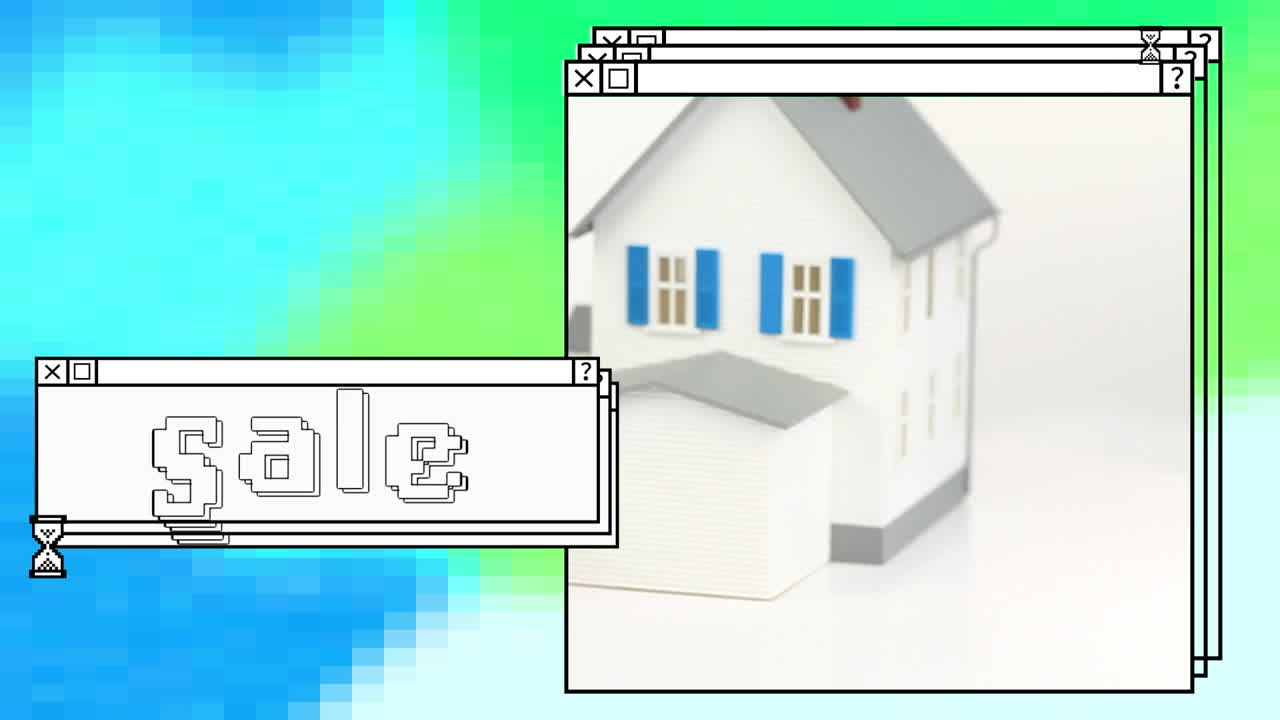 Animation of sale in white text in stacked window, with model house, key and gavel