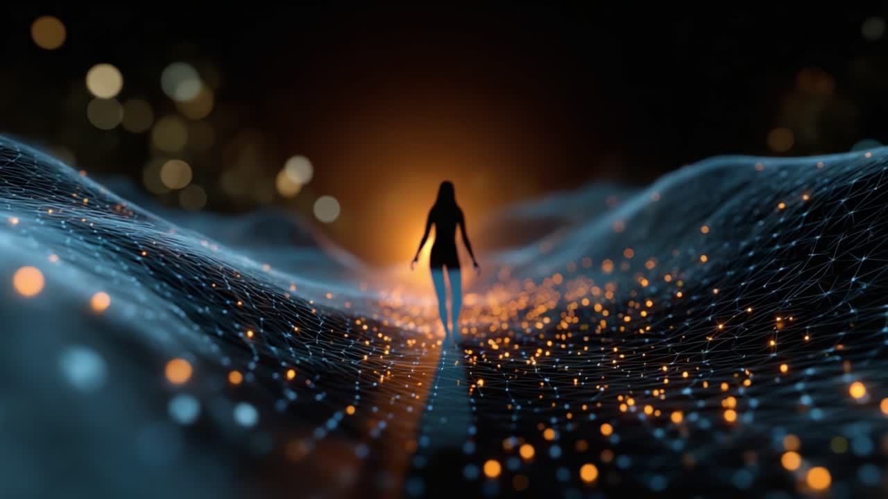 A Solitary Figure Traverses a Glowing, Digital Landscape of Light and Energy, Connecting Nature and Technology in a Visual Journey of Discovery and Imagination