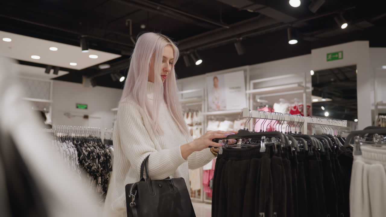 Sophisticated shopper browses rack of black baggy jeans on plastic hangers in bright fashion boutique under warm spotlights, evaluating fit and fabric while carrying structured leather tote