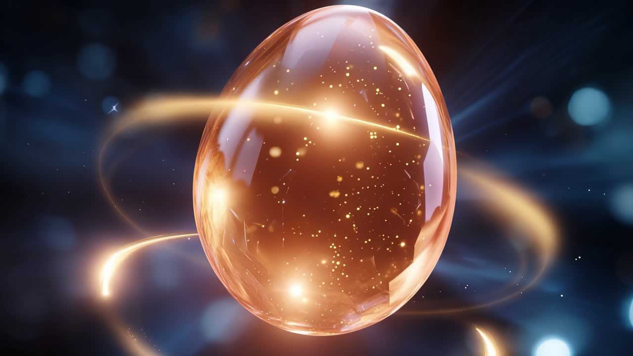 Un huevo dorado resplandece, arremolinándose con partículas cósmicas. Haces de luz irradian desde un fondo espacial oscuro. Estrellas parpadeantes flotan dentro de una cáscara suave y cálida. Sin personas, sin animales. Ideal para sueños futuristas