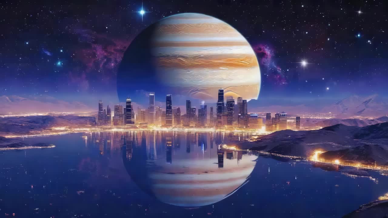 Futuristic Cityscape with Planet Reflection