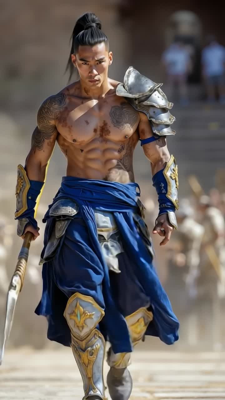 A shirtless man in armor holding a sword in his hand