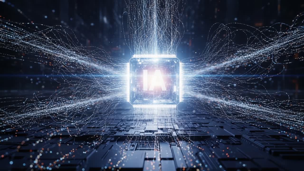 A mesmerizing depiction of a futuristic data core, featuring a glowing cube emitting streams of digital energy and information, set against a dark, high-tech background