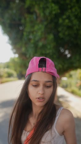 young woman in pink hat