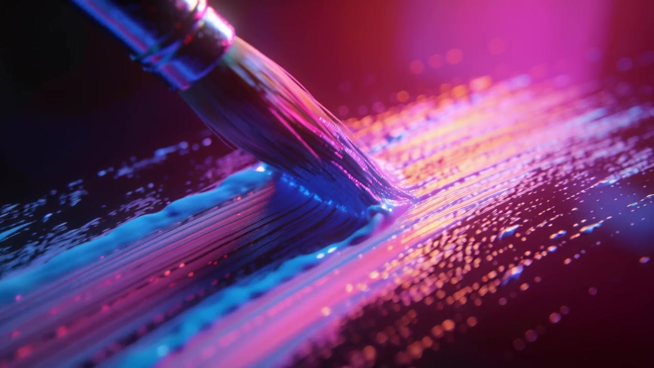 Ein Rundpinsel zieht beim Kontakt einen zyanfarbenen Strich über eine Studioplatte und erzeugt ein Neonleuchten.