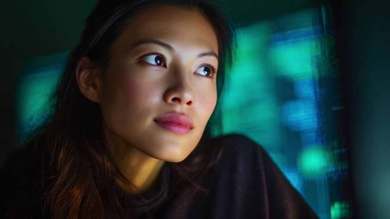 A contemplative woman gazes thoughtfully into the distance, immersed in her thoughts. The soft glow from screens illuminates her face, highlighting her serene expression amidst a backdrop of vibrant colors and blurred data streams