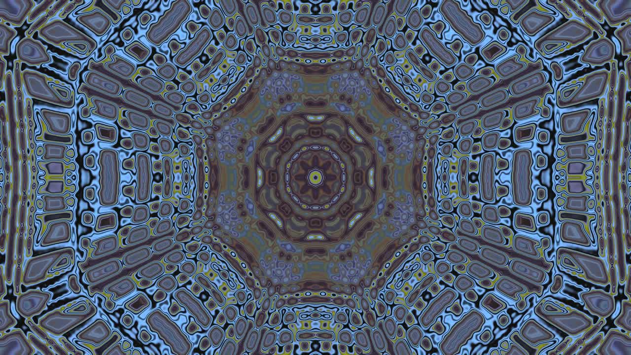 This seamless video loop features a vibrant tunnel of intricate patterns and soothing color variations, creating an immersive and calming visual experience perfect for screensavers