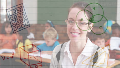 iconos del concepto de la escuela contra la maestra sonriendo