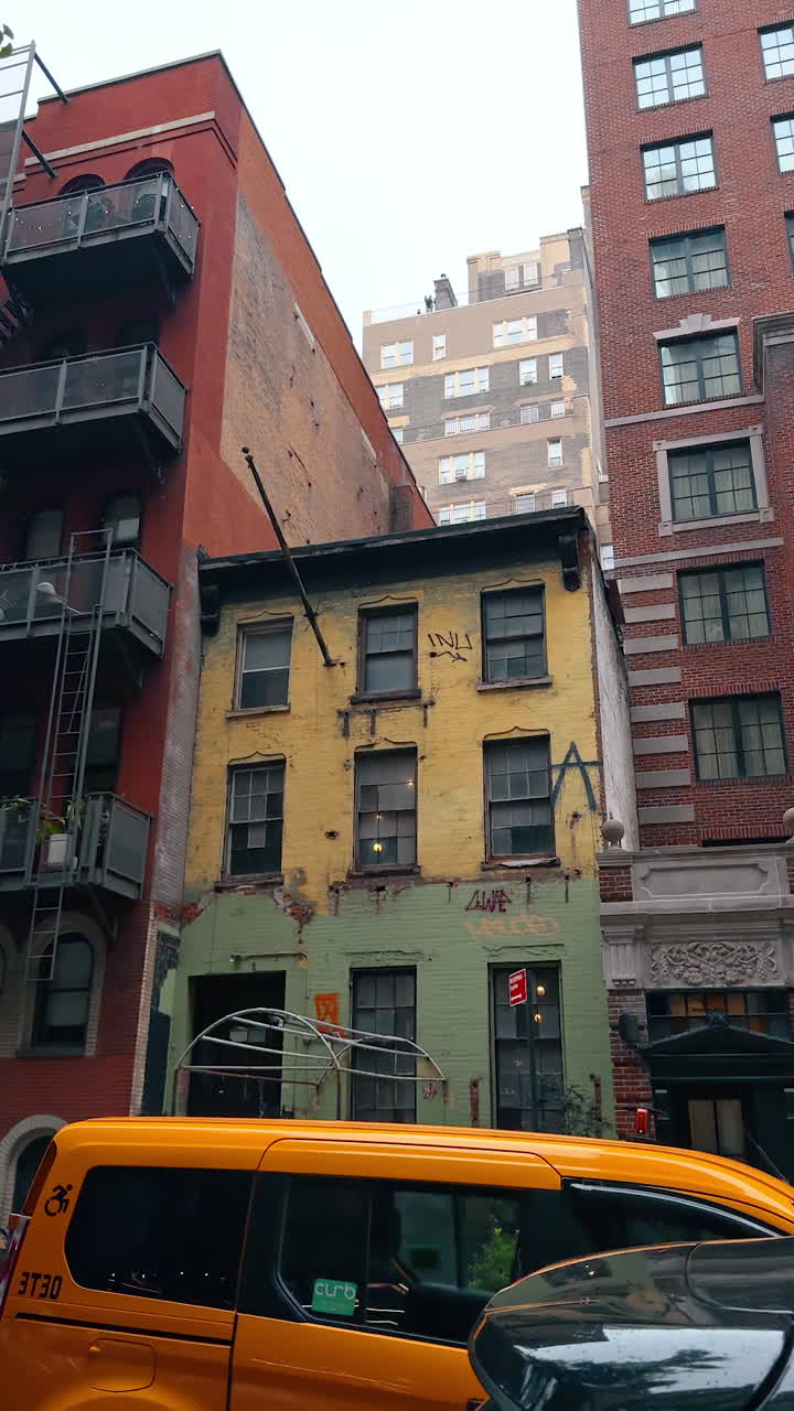 New York, USA, 12 agosto 2025: facciata di un vecchio edificio a New York. Facciata storica di un edificio urbano con graffiti e pedoni in una strada di New York