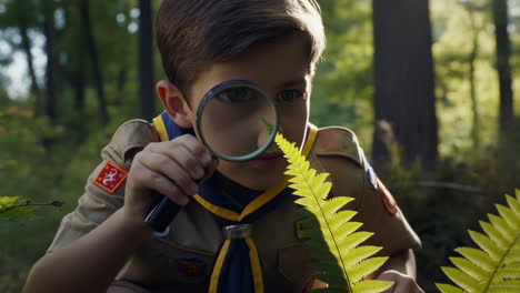 young scout explores nature with magnifying glass