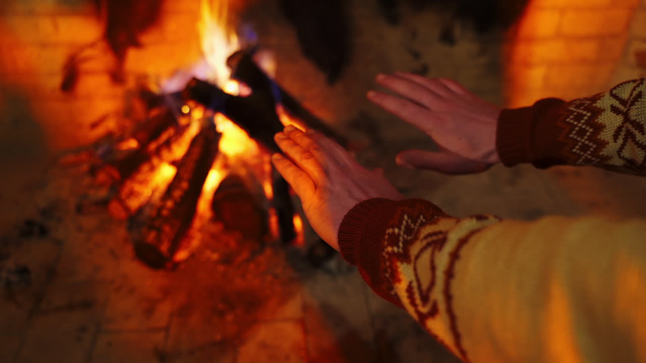 Male's hands by warm fireplace. Burning fireplace warming cold hands of a man at comfortable home in winter season. Close-up.