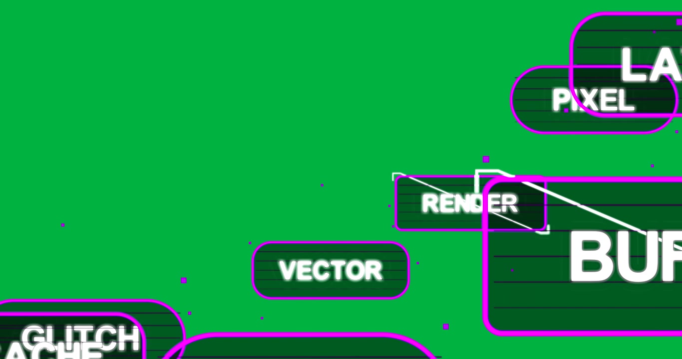Transparent canvas animating, neon tags popping diagonal, sliding right, glitching, settling BUFFER