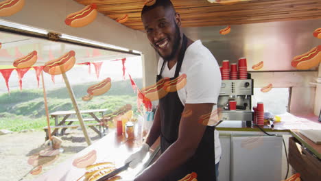 smiling man preparing hot dogs, hot dog animation over food truck scene