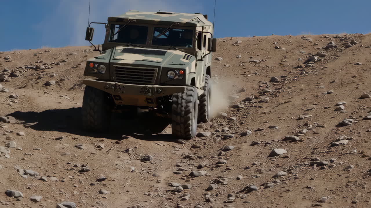 Military Vehicle Climbing a Rocky Hill