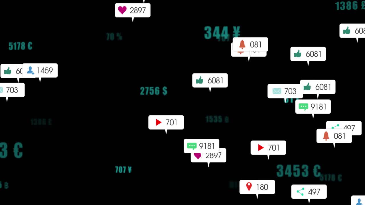Flickering green euro figure jumping across changing currencies, icons floating showing data flow