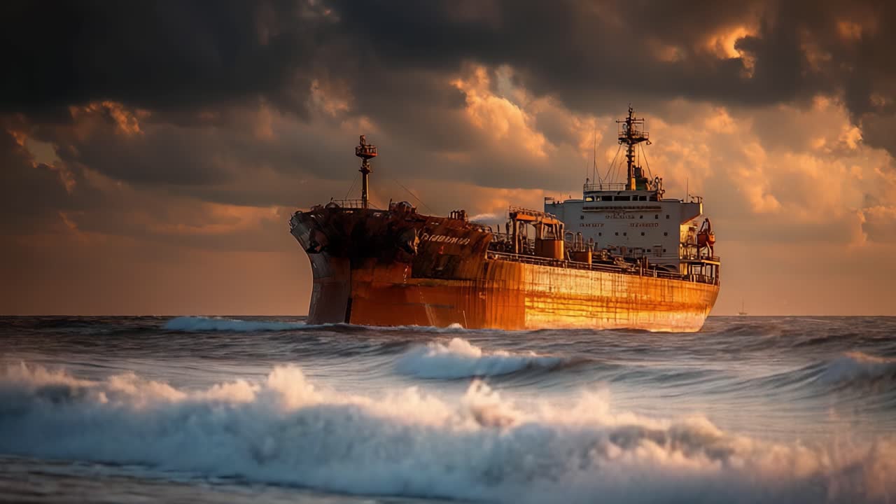 Um navio majestoso encalhado em meio a ondas turbulentas, iluminado pelo brilho dourado do sol poente, criando um contraste dramático contra um céu tempestuoso.