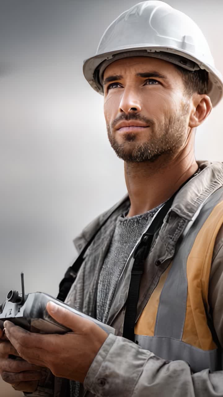 A skilled construction worker in safety gear holding a remote control, focused on tasks ahead, showcasing dedication and professionalism in a challenging environment