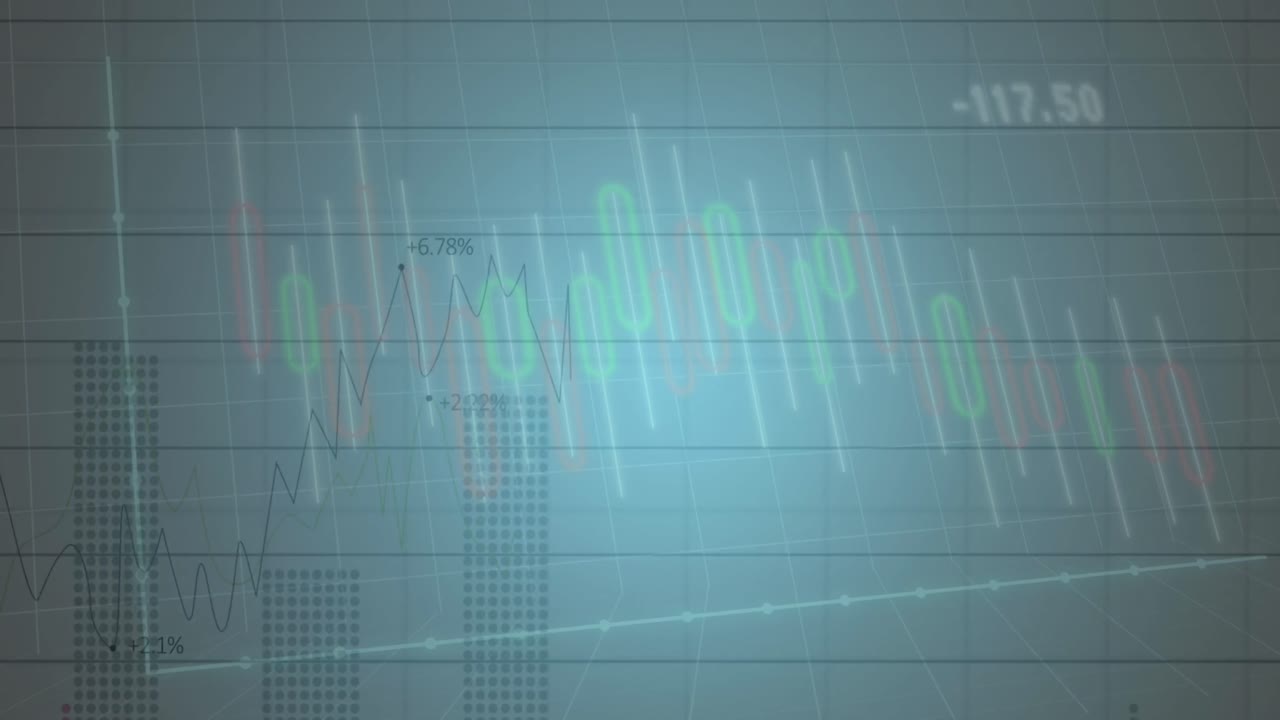 Animation of multiple graphs with numbers changing against abstract background