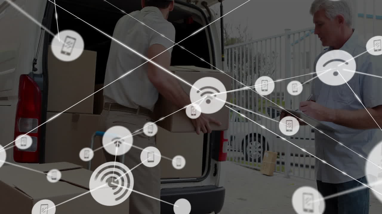 Animation of icons over white male delivery man and worker unpacking boxes from car