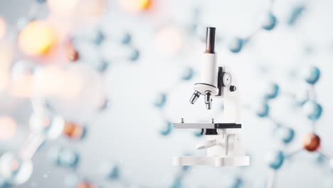 microscopio con moléculas transparentes en el fondo, renderización en 3d.