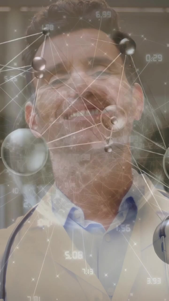 Video verticale: Medico che si sposta al centro e sorride, causando lo spostamento di nodi 3D per i dati medici.