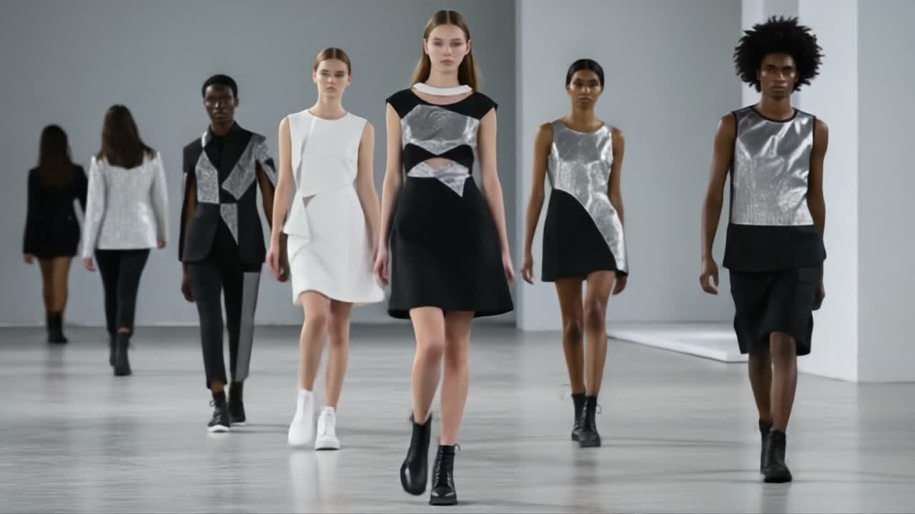 A Captivating Showcase of Modern Fashion: Models Strut Down the Runway in Innovative Designs Featuring Sleek Silhouettes and Metallic Accents