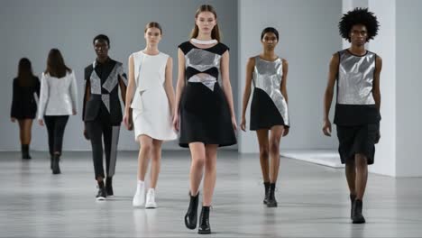 a captivating showcase of modern fashion: models strut down the runway in innovative designs featuring sleek silhouettes and metallic accents