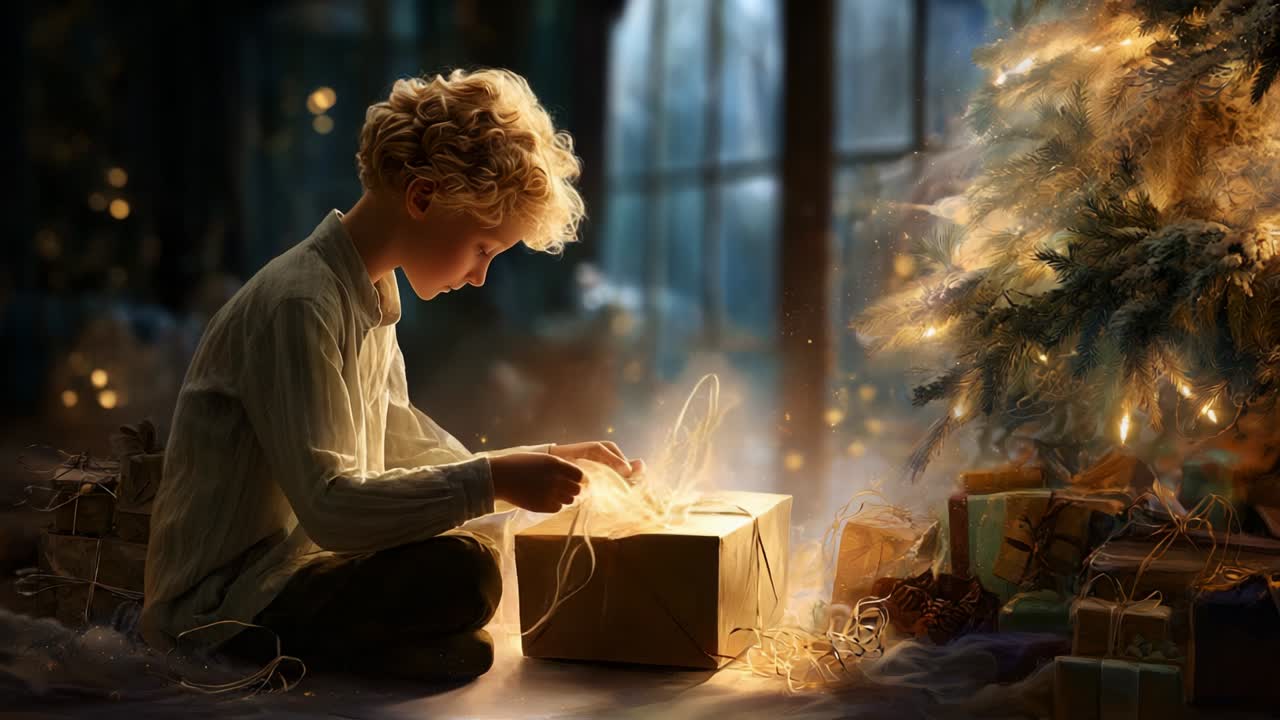 En ung dreng pakker en gave ud under et glitrende juletræ, der udstråler glæde og forventning omgivet af funklende lys og festlig pynt i en hjertevarmende julescene