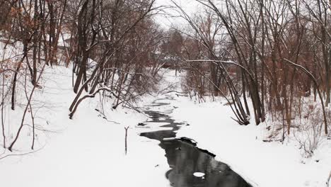 Drone-flying-through-small-river-stream-creek-surrounded-by-leafless-trees-during-winter