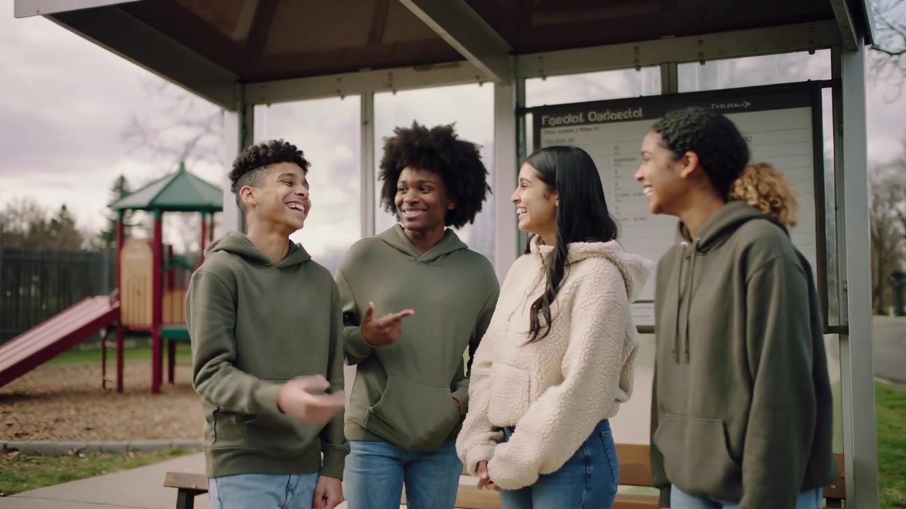 Pointing girl in sherpa causing laughter while friends in green hoodies reacting under park shelter