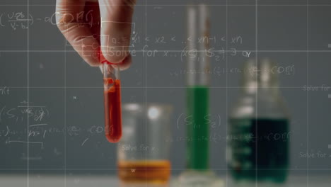 animación de ecuaciones matemáticas sobre un vaso con líquido y un tubo de ensayo