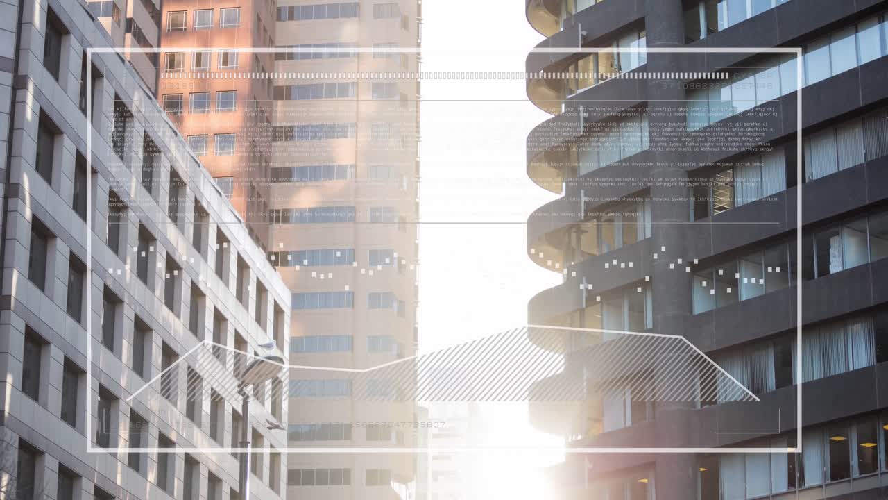 高層ビルの空中映像に対する統計データ処理とのインターフェースのアニメーション