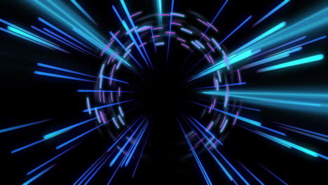 animation of strobing pink and blue light beams over rotating pink and blue lights on black