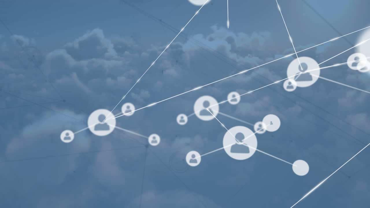 사람들과의 연결 네트워크의 애니메이션 구름이 있는 하늘 위의 아이콘