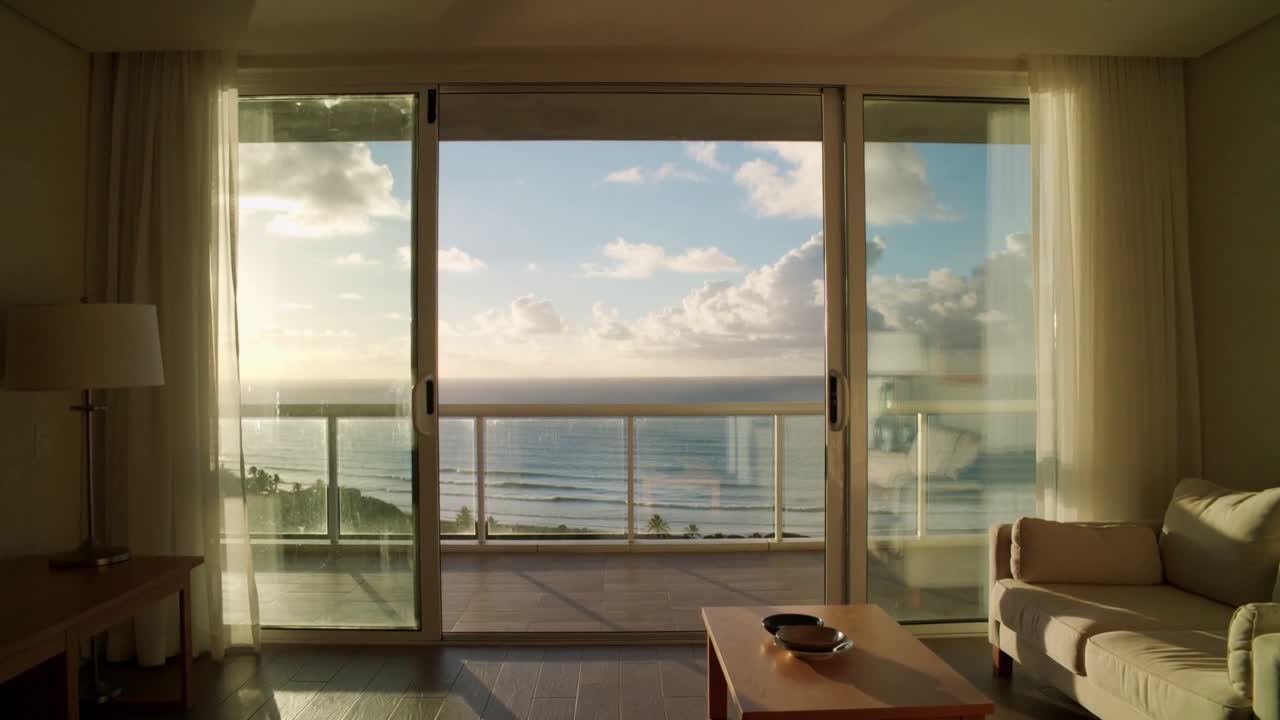 Rising roller shade on central sliding glass doors revealing ocean horizon at coastal living room