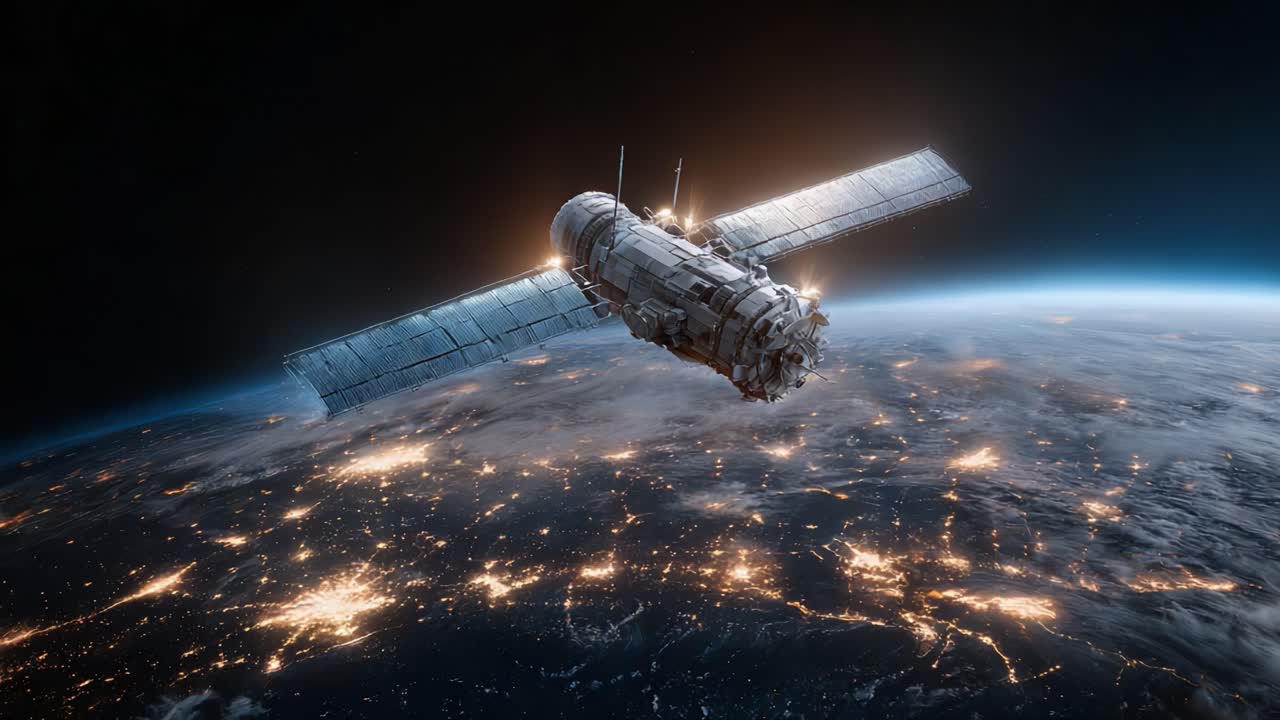 A Majestic Spacecraft Orbiting Earth: Captivating Views of a Satellite Illuminating the Night with City Lights from High Above the Planet's Surface
