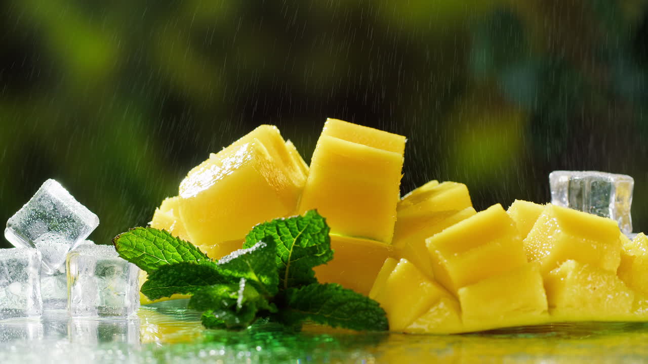 Rinfrescante mango a cubetti con menta e cubetti di ghiaccio sotto l'acqua corrente