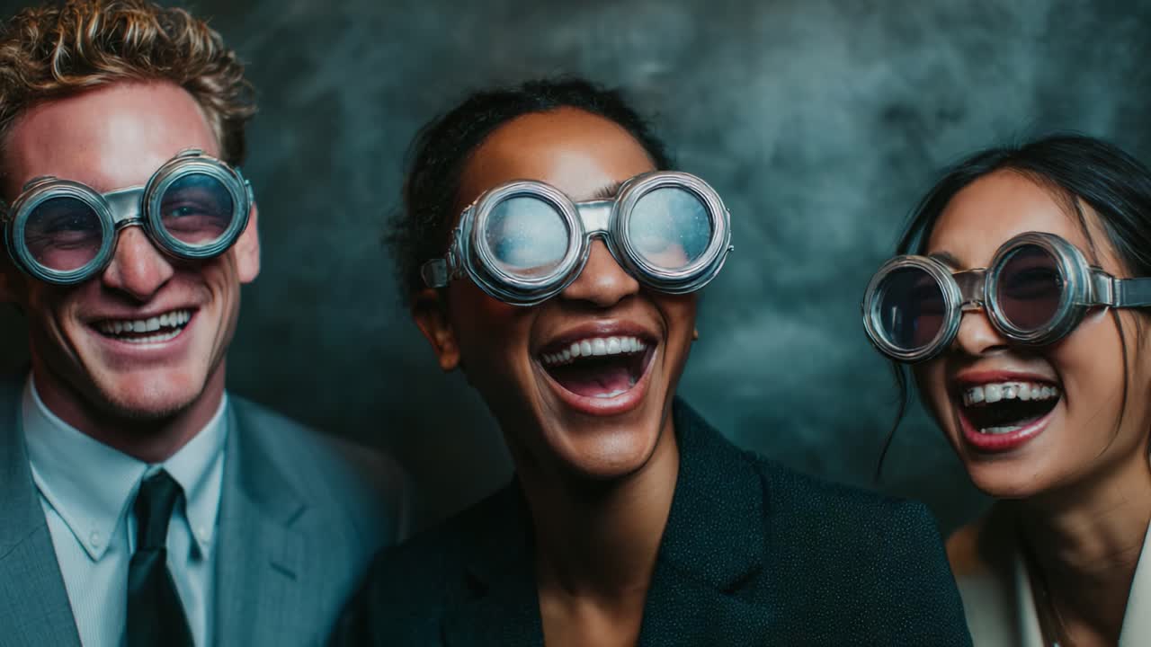 A vibrant and joyful gathering of friends showcasing playful expressions and unique goggles, capturing the essence of camaraderie and delightful moments in a stylish environment
