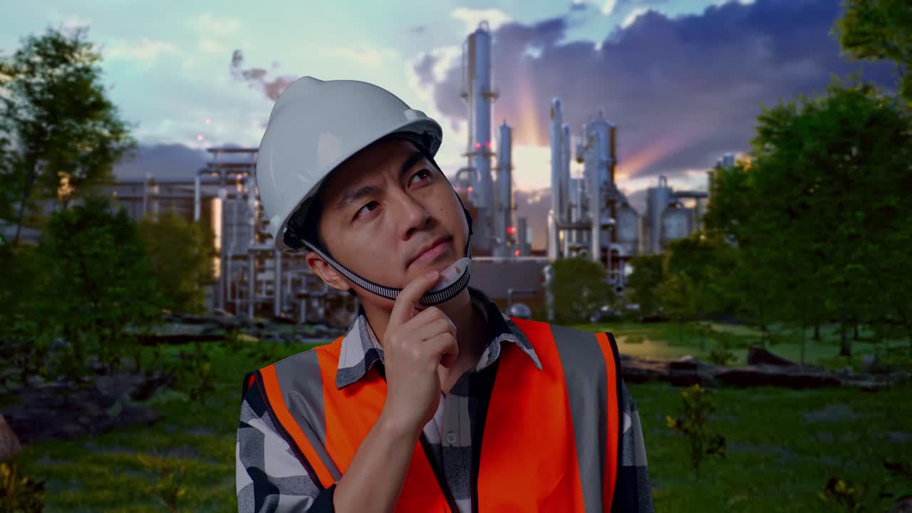 Close Up Of Asian Male Engineer With Safety Helmet Thinking And Looking Around Then Raising His Index Finger While Standing In Front Of Oil Refinery