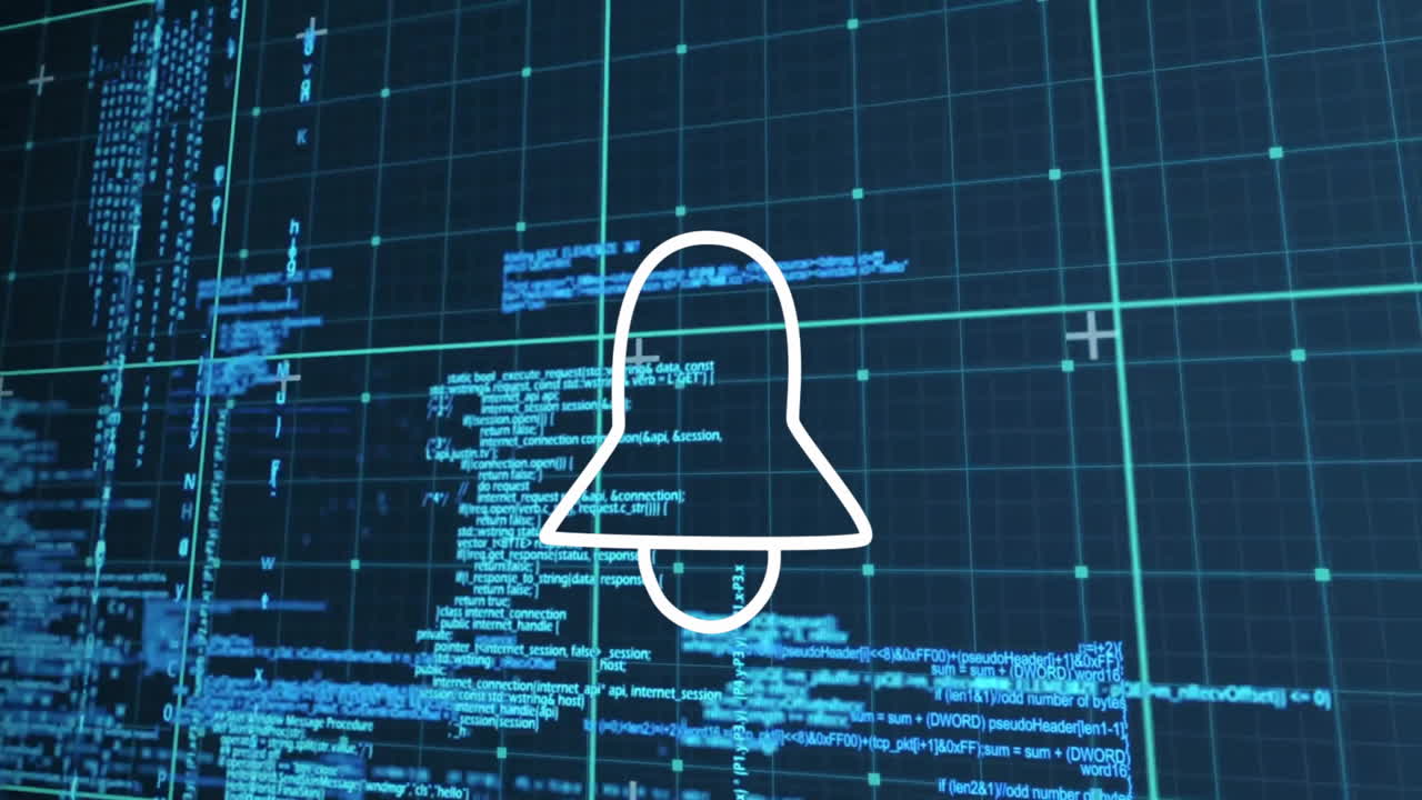 Animation of bell icon over digital code and grid background for notifications