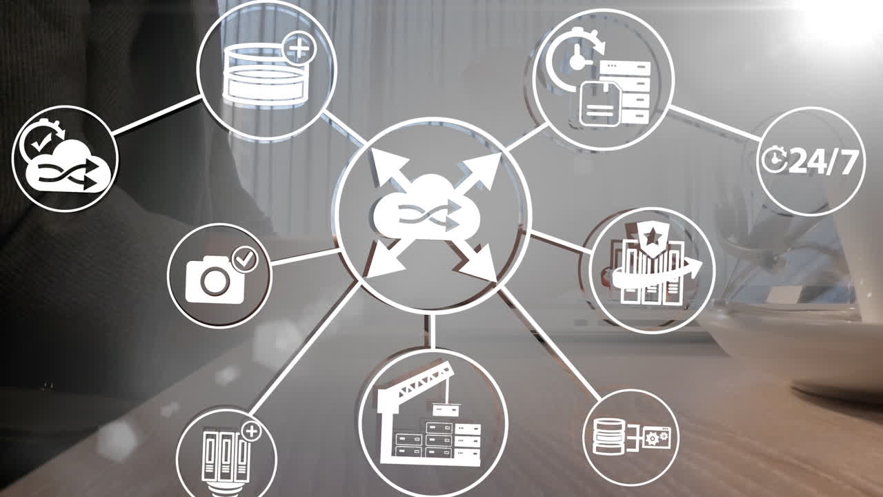 animación de la red con iconos y manos de un hombre caucásico usando una computadora portátil