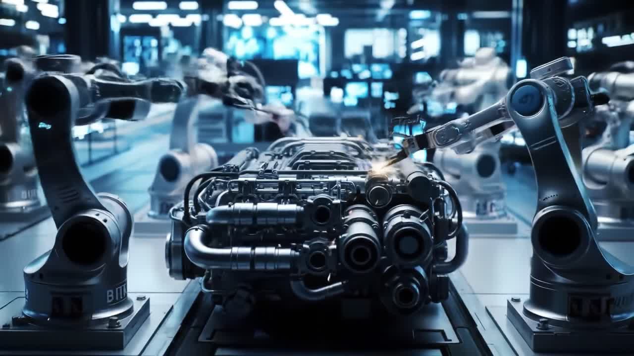 Robotic arms work seamlessly together in a modern facility, assembling intricate machinery with precision and speed. The environment features advanced technology and automation.