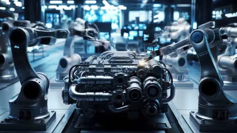 robotic arms work seamlessly together in a modern facility, assembling intricate machinery with precision and speed. the environment features advanced technology and automation.