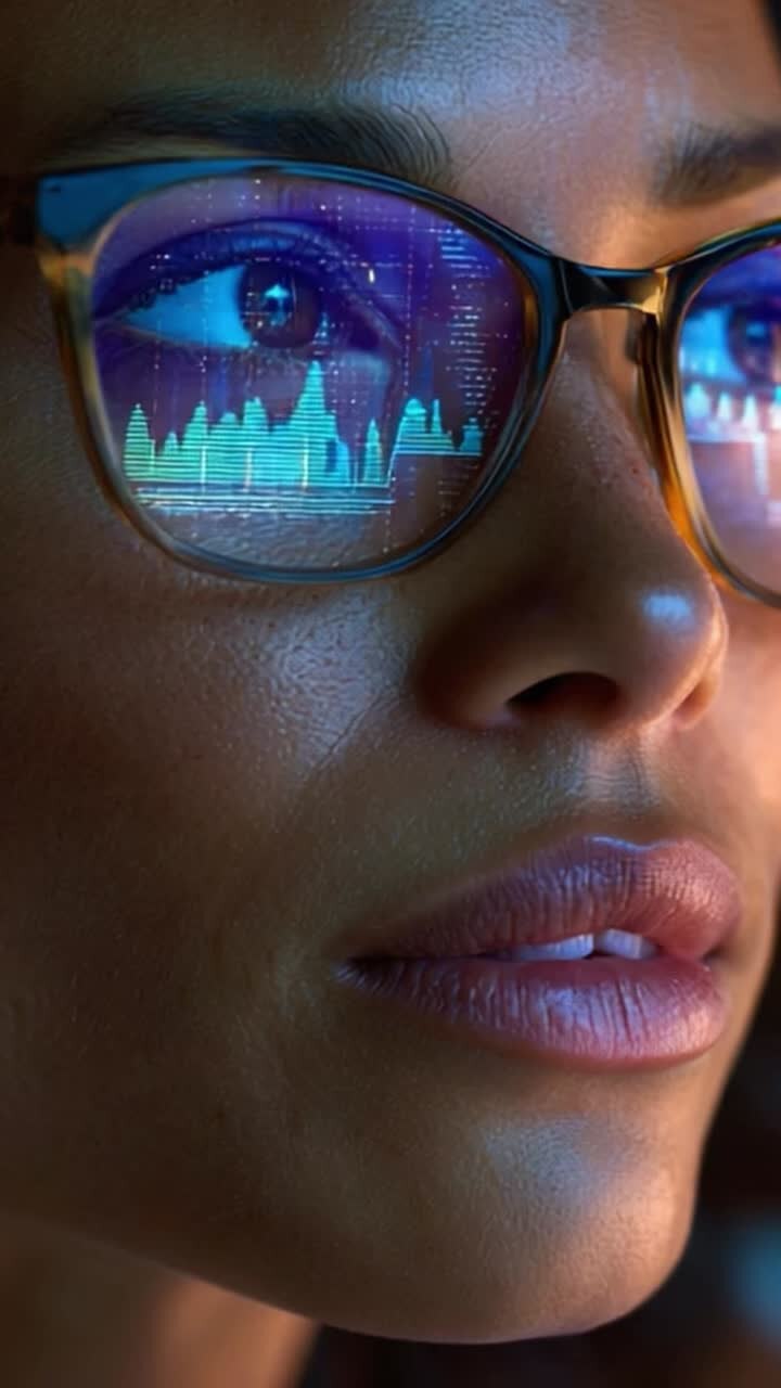 A close-up of a focused individual wearing glasses, reflecting vibrant digital data and graphs in their lenses, showcasing technology and analysis
