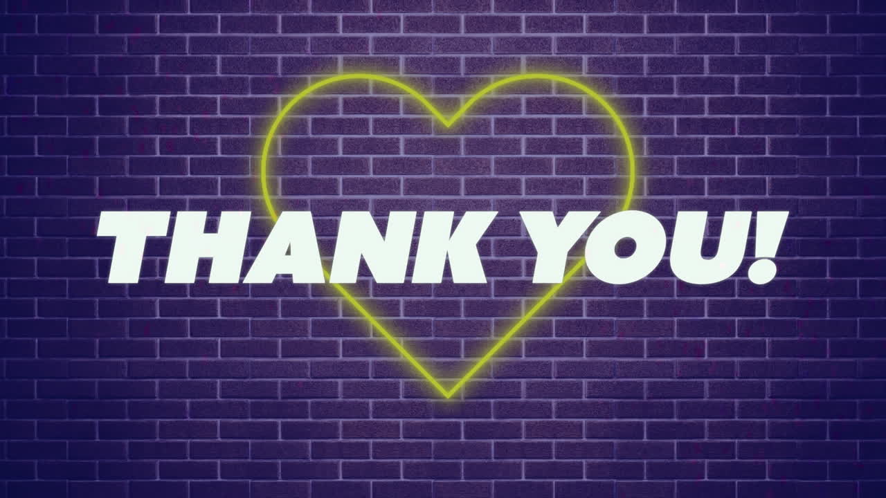 Animation eines Danke-Textbanners über einem neongelben Herzsymbol vor einer Backsteinwand.