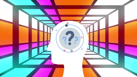 animación del cerebro humano con signos de interrogación sobre el túnel de neón